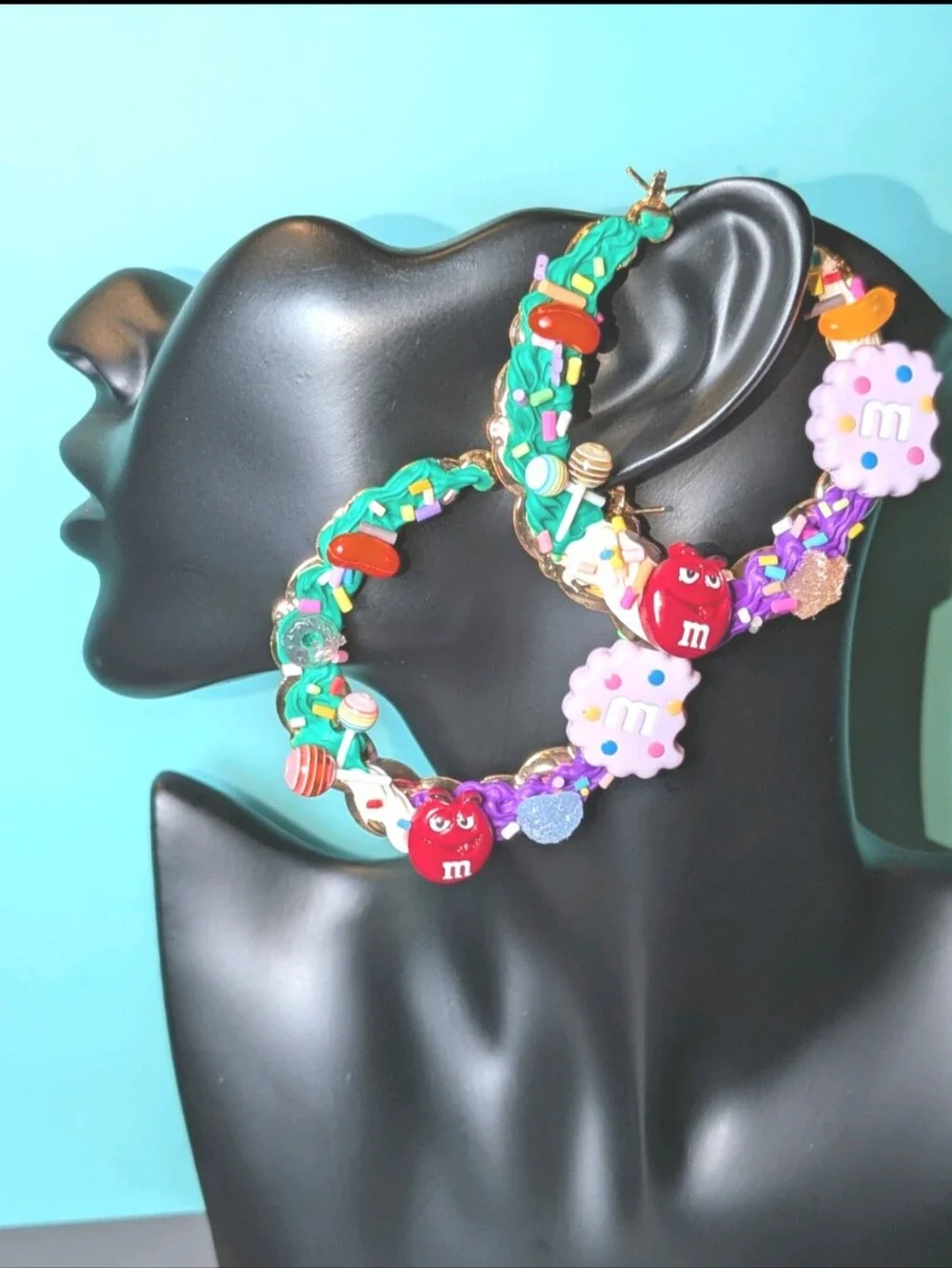 Hand Crafted Decoden Multicolor Candy Hoop Earrings -Green & Purple & Red & Pink